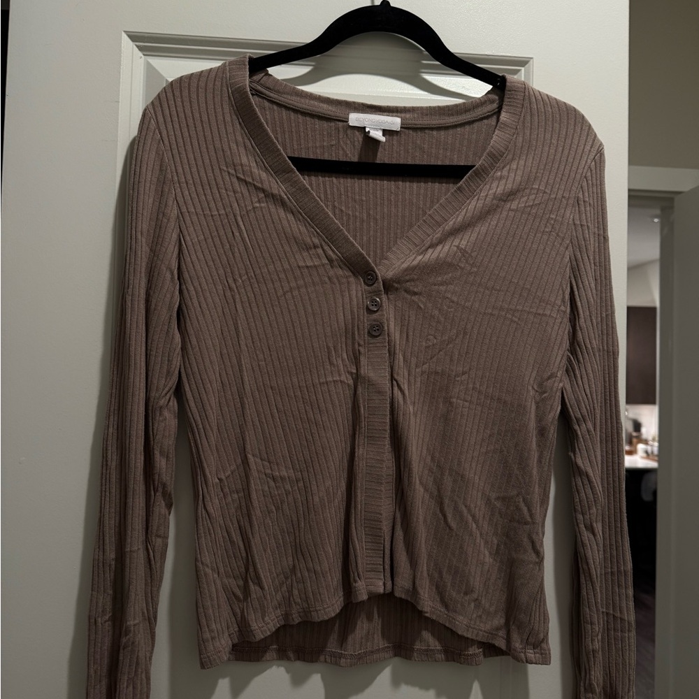 Beyond Yoga Ribbed Tan Button-Up Women's Blouse